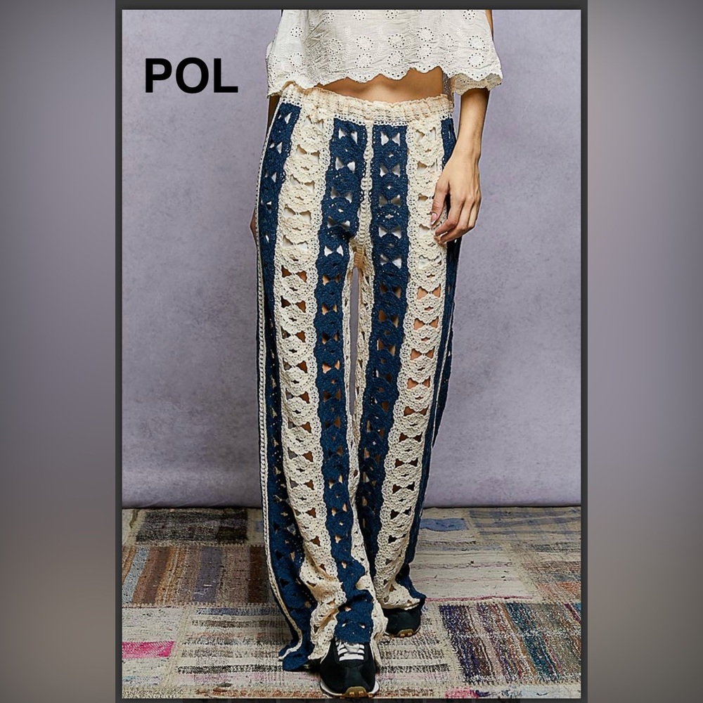 BPB224-9💙🤍NEW! POL preppy+ sassy Blue and Cream Crochet straight leg Pants wow - Picture 6 of 6